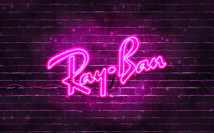 logotipo de ray-ban p&#250;rpura, 4k, pared de ladrillo p&#250;rpura, logotipo de ray-ban, marcas, logotipo de ne&#243;n de ray-ban, ray-ban
