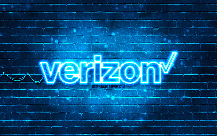 Verizon blue logo, 4k, blue brickwall, Verizon logo, brands, Verizon neon logo, Verizon
