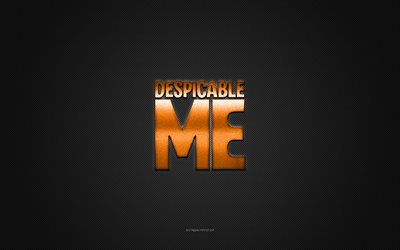 despicable me -logo, oranssi kiilt&#228;v&#228; logo, despicable me -metallitunnus, harmaa hiilikuiturakenne, despicable me, tuotemerkit, luova taide, despicable me -tunnus