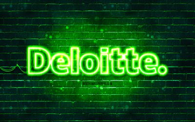 Deloitte green logo, 4k, green brickwall, Deloitte logo, brands, Deloitte neon logo, Deloitte