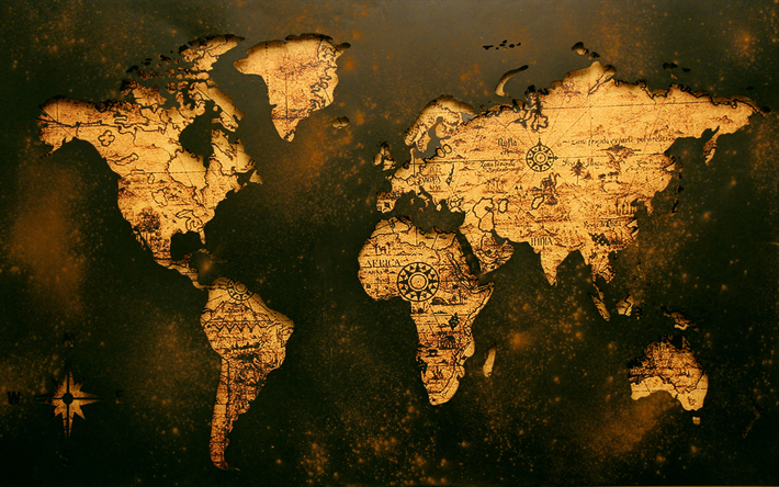 mappa del vecchio mondo, 4k, mappe metalliche, mappa del mondo retr&#242;, concetti di mappa del mondo, concetti di viaggio, mappe del mondo