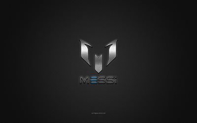 Messi logo, silver shiny logo, Messi metal emblem, gray carbon fiber texture, Messi, brands, creative art, Messi emblem