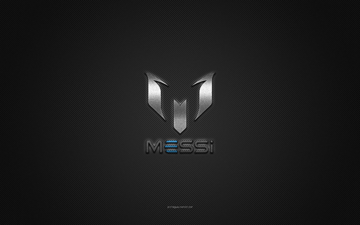 Messi logo, silver shiny logo, Messi metal emblem, gray carbon fiber texture, Messi, brands, creative art, Messi emblem