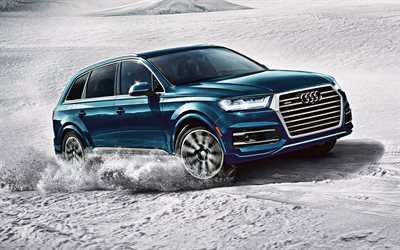 Audi Q7, 2019, exterior, luxury SUV, new blue Q7, riding in the snow, German cars, Audi