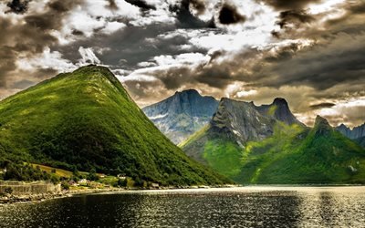 Noruega, ver&#227;o, bela natureza, montanhas, fiorde, HDR, Europa, Noruegu&#234;s natureza