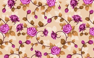 紫色のバラの花のパターン, ベージュのヴィンテージの背景, 花のパターン, ヴィンテージの背景, ベージュ色のレトロな背景, 花柄ヴィンテージパターン, 紫色のバラの背景