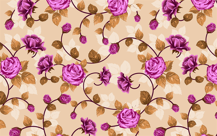 purple roses pattern, beige vintage background, floral patterns, vintage backgrounds, beige retro backgrounds, floral vintage pattern, purple roses backgrounds