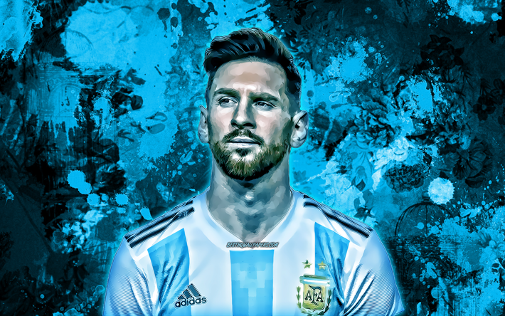 Lionel Messi, blu schizzi di vernice, Argentina squadra nazionale di calcio, calciatori, grunge, arte, Leo Messi, calcio, Messi, Squadra Nazionale Argentina, creative