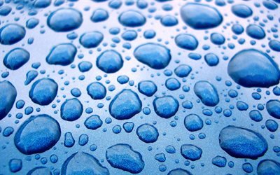 gocce d&#39;acqua, texture, 4k, sfondo blu, gocce di vetro, acqua sfondi, gocce di texture, acqua, gocce su sfondo blu