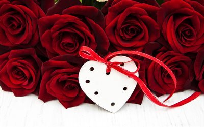 red roses, rose bouquet, white heart, romance concepts, February 14, I love you