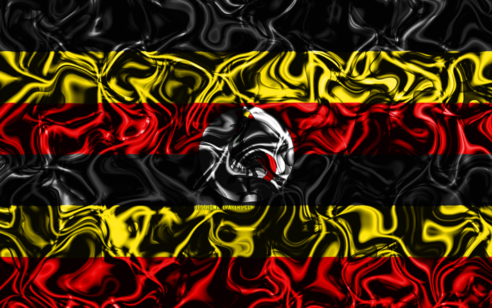 4k, Bandiera dell&#39;Uganda, astratto fumo, Africa, simboli nazionali, Ugandese, bandiera, 3D, arte, Uganda 3D, creativo, paesi di Africa, Uganda