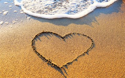 heart painted in the sand, beach, sea, waves, sand, love summer concepts, love travel, creative heart