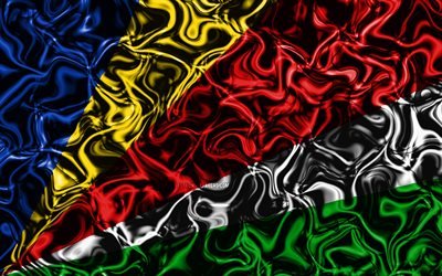 4k, Bandiera delle Seychelles, astratto fumo, Africa, simboli nazionali, Seychelles, bandiera, 3D, arte, Seychelles 3D, creativo, paesi di Africa