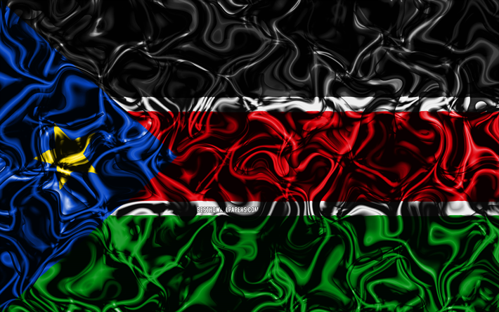 4k, Flag of South Sudan, abstract smoke, Africa, national symbols, South Sudan flag, 3D art, South Sudan 3D flag, creative, African countries, South Sudan