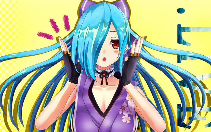 Iori Yamato, menina com o cabelo azul, kimono, Virtual YouTuber, VTuber, Iori Yamato canal, &#205;dolo do Clube ofLive