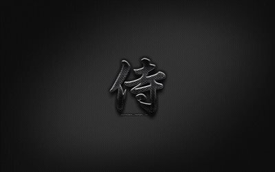 Samurai Japanese character, metal hieroglyphs, Kanji, Japanese Symbol for Samurai, black signs, Samurai Kanji Symbol, Japanese hieroglyphs, metal background, Samurai Japanese hieroglyph