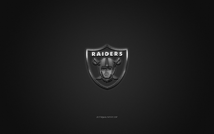 Oakland Raiders, American football club, NFL, silver logo, gray carbon fiber background, american football, Oakland, California, USA, National Football League, Oakland Raiders logo