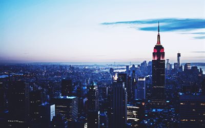 Empire State Building, 4k, Manhattan, moderneja rakennuksia, amerikan kaupungit, nightscapes, NYC, pilvenpiirt&#228;ji&#228;, New York, USA, Kaupungit New York, New York illalla, Amerikassa, New York City