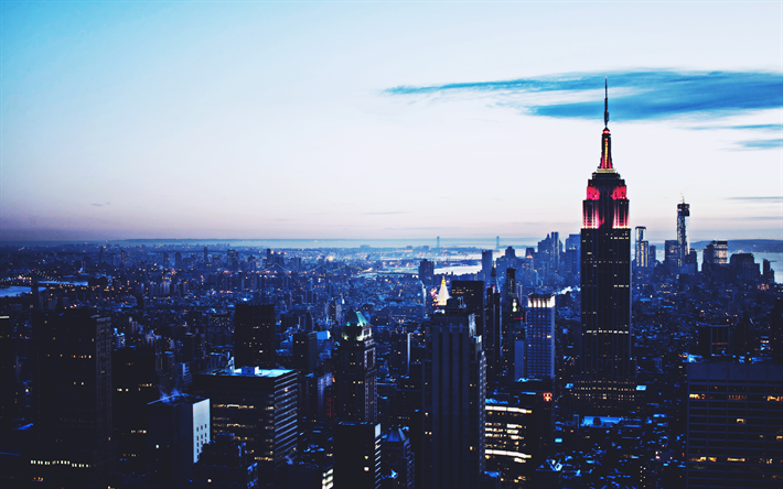 مبنى إمباير ستيت, 4k, مانهاتن, المباني الحديثة, المدن الأمريكية, nightscapes, مدينة نيويورك, ناطحات السحاب, نيويورك, الولايات المتحدة الأمريكية, مدن نيويورك, نيويورك في المساء, أمريكا