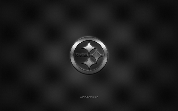 Pittsburgh Steelers, American football club, NFL, silver logo, gray carbon fiber background, american football, Pittsburgh, Pennsylvania, USA, National Football League, Pittsburgh Steelers logo