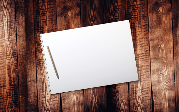 papel en blanco, 4k, macro, en blanco en el cuaderno con el l&#225;piz, tablero de madera, de madera, antecedentes, notebook