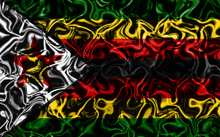 4k, Bandeira do Zimbabu&#233;, resumo de fuma&#231;a, &#193;frica, s&#237;mbolos nacionais, Zimbabuanos bandeira, Arte 3D, Zimbabwe 3D bandeira, criativo, Pa&#237;ses da &#225;frica, Zimb&#225;bue