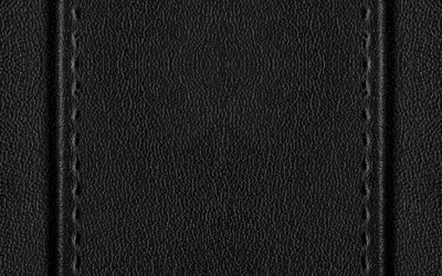 4k, black leather texture, stitched leather, leather textures, black backgrounds, leather backgrounds, macro, leather