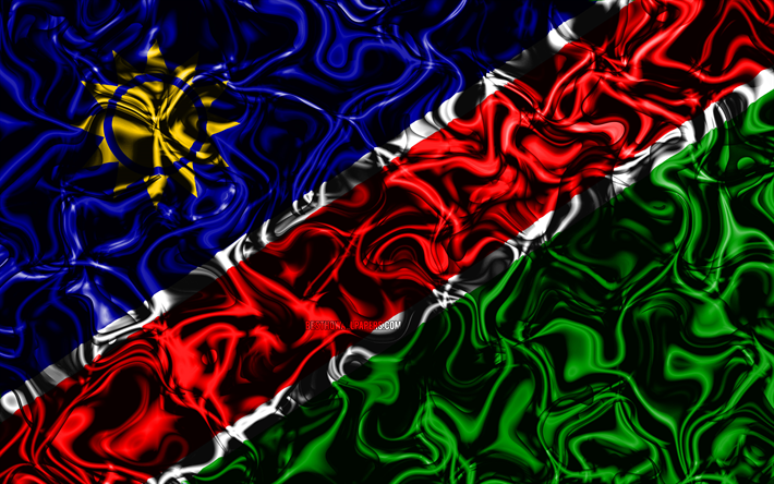 4k, Bandiera della Namibia, astratto fumo, Africa, simboli nazionali, Namibia bandiera, 3D, arte, Namibia 3D, bandiera, creativo, paesi di Africa, Namibia