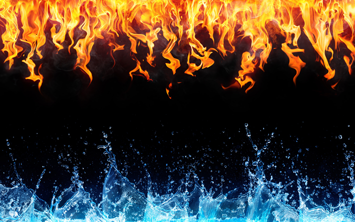 El agua y el Fuego, 4k, fondo negro, agua de fuego marco, creativo, agua vs incendio, obras de arte, el agua, el fuego de las llamas