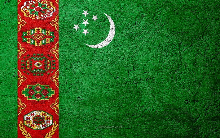 Turkmenistanin lippu, betoni rakenne, kivi tausta, Aasiassa, Turkmenistan, liput kivi