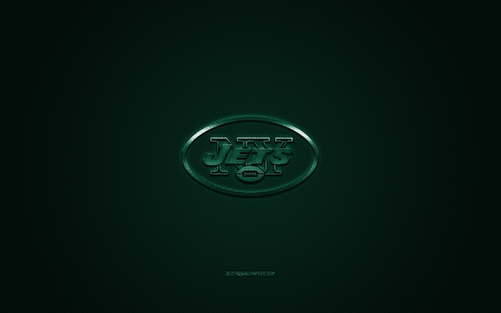 New York Jets, American football club, NFL, Green logo, Green carbon fiber background, American football, New York, USA, National Football League, New York Jets logo
