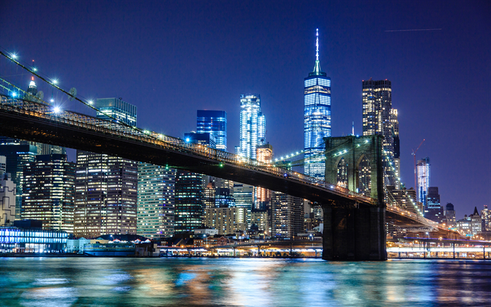 4k, جسر بروكلين, مبنى إمباير ستيت, nightscapes, نيويورك, الولايات المتحدة الأمريكية, المدن الأمريكية, جسر بروكلين في الليل, مدينة نيويورك, مدن نيويورك, أمريكا