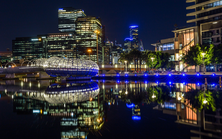 Melbourne, kv&#228;ll, stadens ljus, font&#228;nen, Australien, skyskrapor