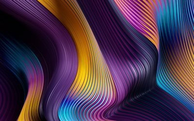 4k, カラフルな抽象波, 材料設計, 創造, 紫背景, カラフルな波, ライン, 波背景, 色紙