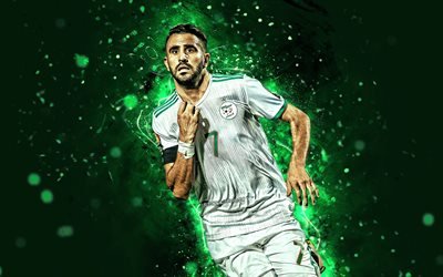 Riyad Mahrez, 4k, tavoite, Algerian Maajoukkue, jalkapalloilijat, Riyad Mahrez Karim, neon valot, 2019 Afrikan Cup of Nations, jalkapallo, abstrakti taide, Algerian jalkapallojoukkue