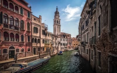 Venice, canal, italian cities, boats, summer, Italy, Europe, venetian canals, italian landmarks