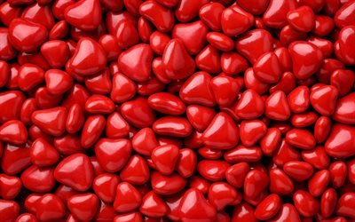 red hearts, macro, hearts candies, love concepts, hearts textures, red background