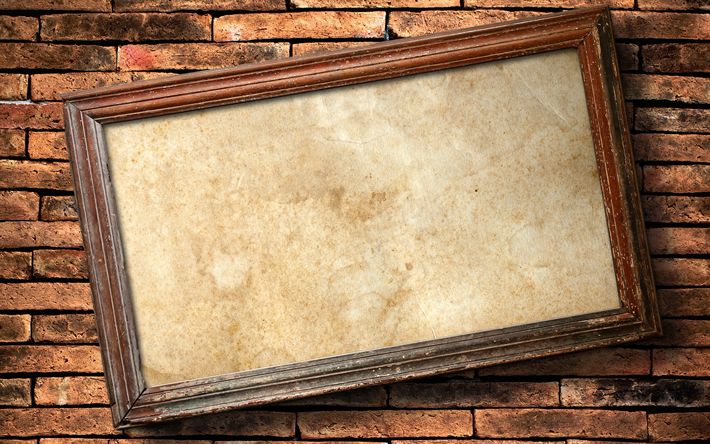 blank picture frame, 4k, brickwall, gallery, picture frame, wooden frames, blank frame, vintage frames