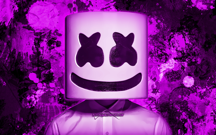 DJ Marshmello, 紫塗装の水しぶき, superstars, クリストファー-Comstock, アメリカのDJ, グランジア, 音楽星, Marshmello, 紫のグランジの背景, Dj