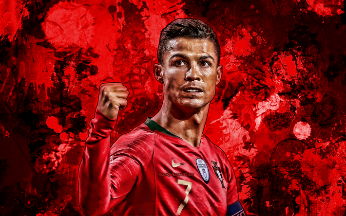 Cristiano Ronaldo, red paint splashes, Portugal national football team, football stars, grunge art, Cristiano Ronaldo dos Santos Aveiro, soccer, CR7, Portuguese National Team, creative