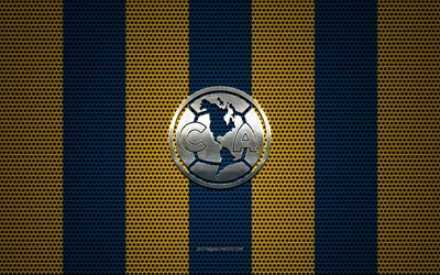 Club America logo, Meksika Futbol Kul&#252;b&#252;, metal amblem, mavi, sarı metal &#246;rg&#252; arka plan, Club America, Lig MX, Meksika, futbol