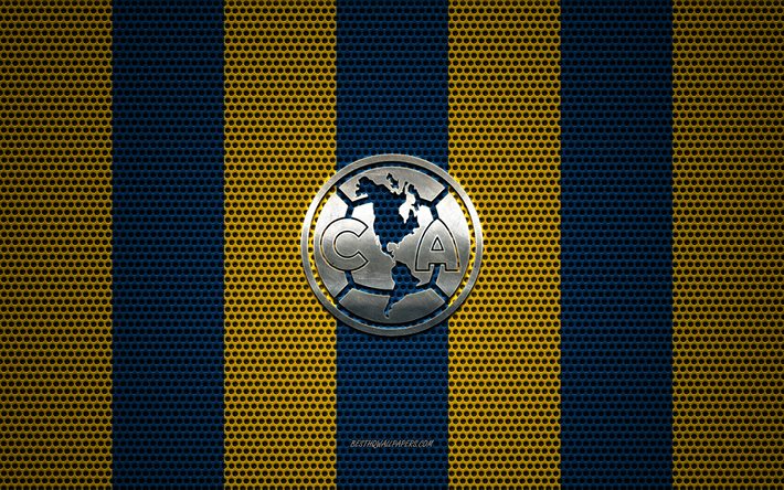 Club America logo, Mexican football club, metal emblem, blue yellow metal mesh background, Club America, Liga MX, Mexico City, Mexico, football
