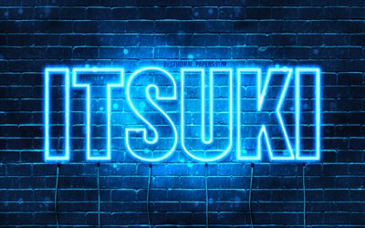 Itsuki, 4k, pap&#233;is de parede com os nomes de, texto horizontal, Itsuki nome, Feliz Anivers&#225;rio Itsuki, popular japon&#234;s nomes masculinos, luzes de neon azuis, imagem com Itsuki nome