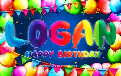 Buon Compleanno Logan, 4k, palloncino colorato telaio, Logan nome, sfondo blu, Logan buon Compleanno, Logan Compleanno, popolare americana nomi maschili, feste di Compleanno, concetto, Logan