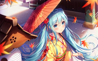 4k, Hatsune Miku, outono, a arte abstrata, Vocaloid caracteres, mang&#225;, primavera, Vocaloid, Hatsune Miku Vocaloid