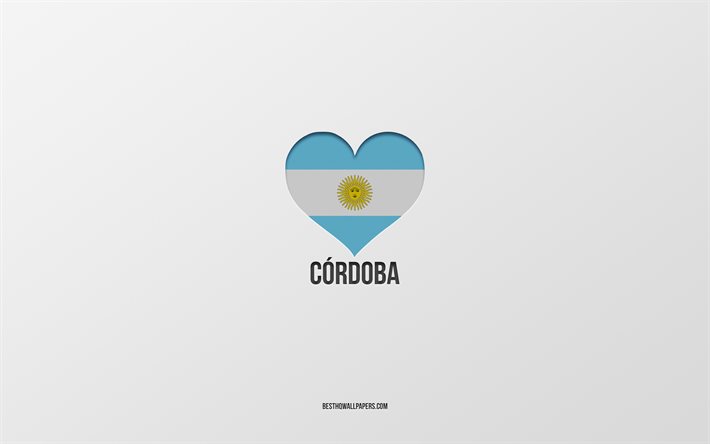 Mi piace Cordoba, Argentina, citt&#224;, sfondo grigio, bandiera, cuore, Cordoba, citt&#224; preferite, di Amore, di Cordoba