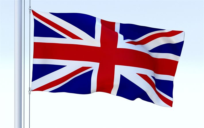 flagge von gro&#223;britannien, fahnenstange, gro&#223;britannien flagge, britische flagge auf dem fahnenmast, 3d uk flagge, united kingdom