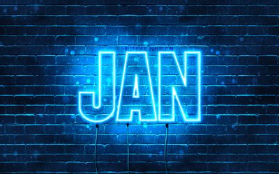 Jan, 4k, wallpapers with names, horizontal text, Jan name, Happy Birthday Jan, popular german male names, blue neon lights, picture with Jan name