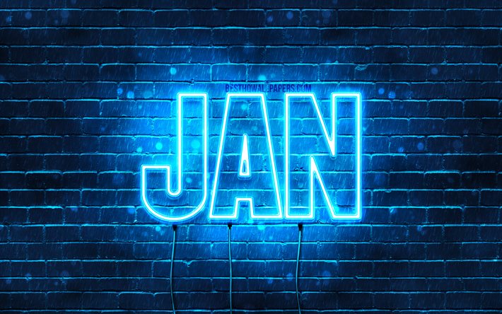 Jan, 4k, fondos de pantalla con los nombres, el texto horizontal, Jan nombre, Feliz Cumplea&#241;os Jan, popular alem&#225;n macho de nombres, luces azules de ne&#243;n, de la imagen con el nombre de Jan