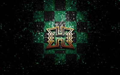 Hawaii Rainbow Warriors, glitter logo, NCAA, green black checkered background, USA, american football team, Hawaii Rainbow Warriors logo, mosaic art, american football, America